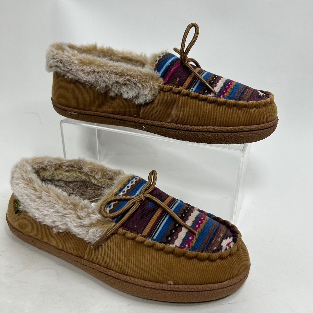 Western Chief Womens Tan Corduroy Southwestern Faux Fur Moccasin Slippers Size 8